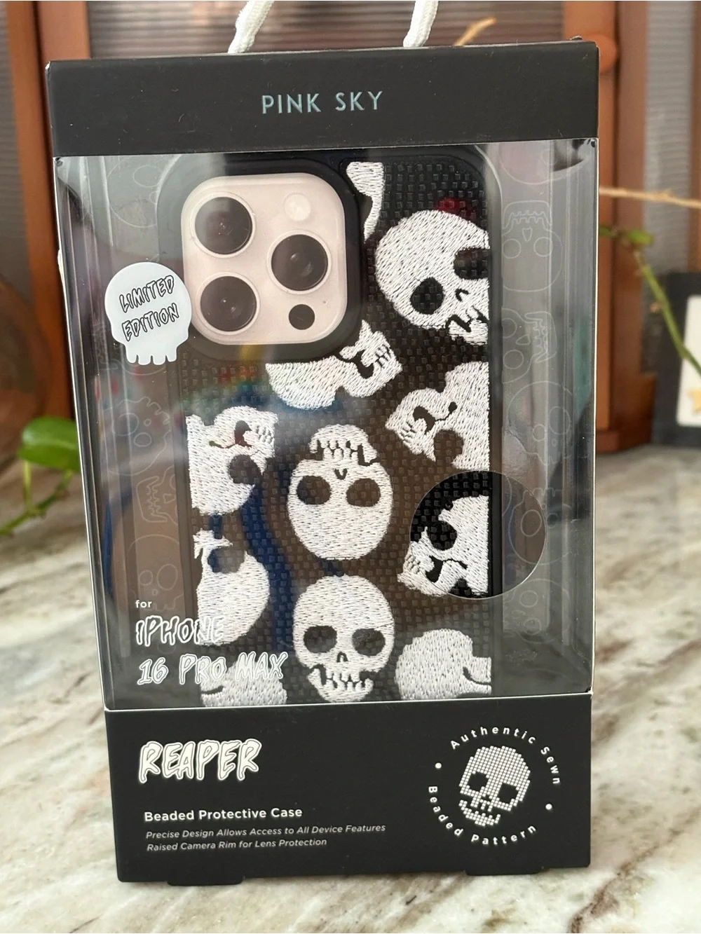 💀 iPhone 16 Pro Max Reaper Beaded Protective Pink Sky Case Black White Skull NWT